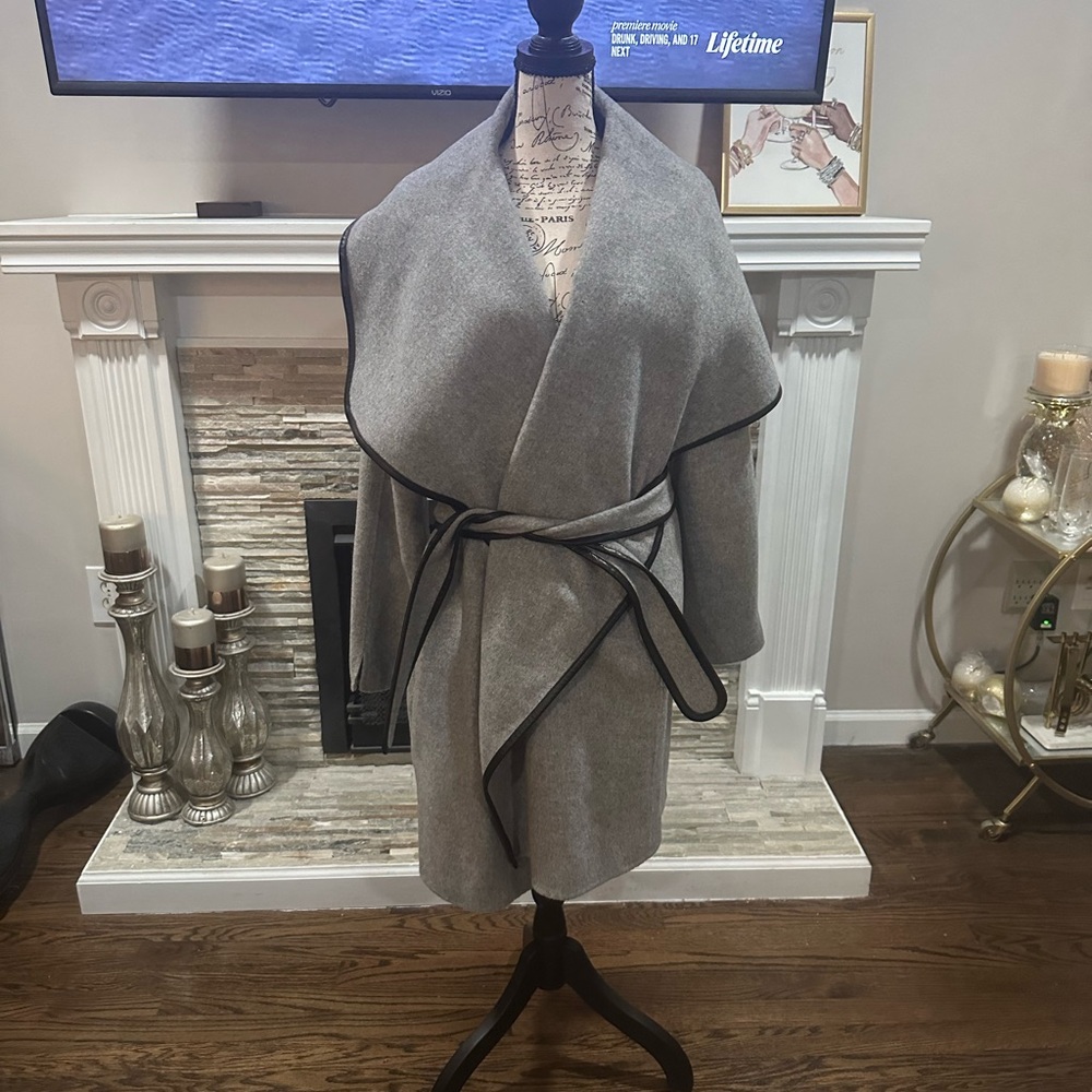 Vince draped front leather trimmed wool coat